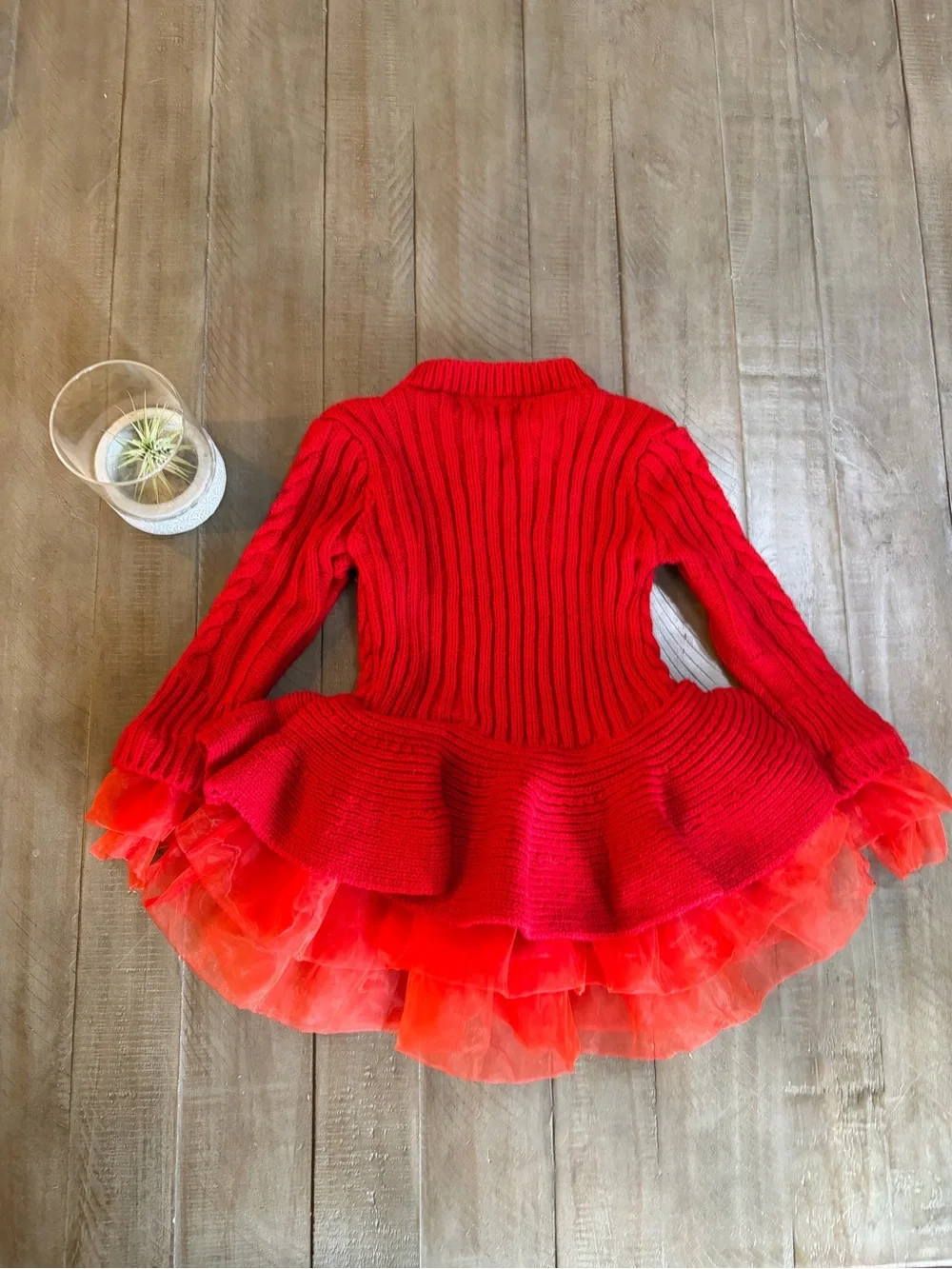 Red Holidays Sweater Cable Knit Tutu Dress with Tulle Trim